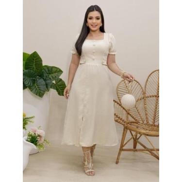 Imagem de Vestido Elegante Moda Evangélica de Linho Decote Quadrado com Botões E