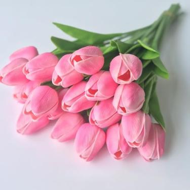 Imagem de Kit 10 Tulipas Artificiais de Látex PU – Buquê de Toque Real 34cm com 5 Flores por Haste para Decoração de Casamento, Casa e Eventos (Cores Diversas)(Rosa (10 peças))