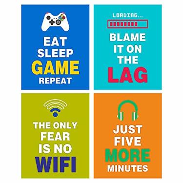 Imagem de heshengzaixian Impressão de arte de parede com tema de videogame, presente para quarto infantil de jogadores, pôster de jogo moderno para quarto de meninos, caverna masculina, conjunto de 4 (20 x 25