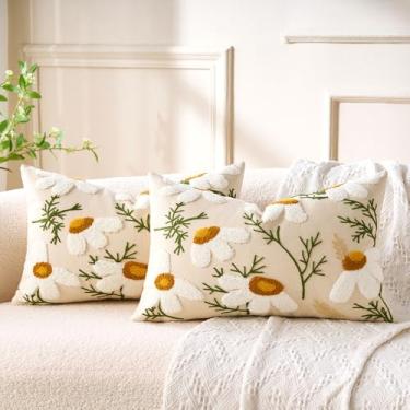 Imagem de Capas de almofada lombar bordadas, boho, casa de fazenda, margarida, adornadas, fronhas decorativas florais para sofá, 30 x 50 cm, conjunto de 2 capas de almofada quadradas, para sala de estar, sofá