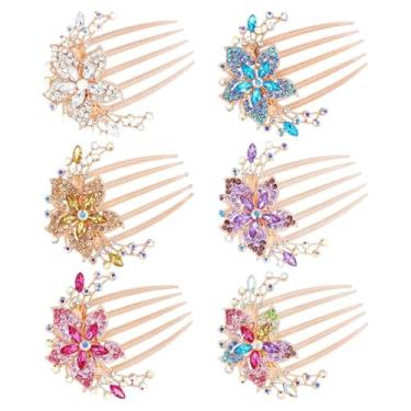 Imagem de Pacote com 6 pingentes de luxo brilhantes pedras brilhantes strass decorativo dourado metal cabelo pentes laterais slides com dentes grampos de cabelo updo acessórios flor cristal grampos de cabelo