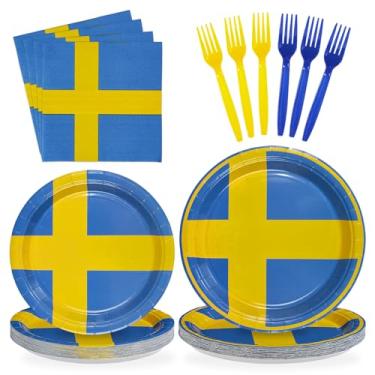 Imagem de Greencian 96 peças de decorações de festa com tema de bandeira da Suécia descartáveis, pratos e guardanapos de papel sueco, conjunto de utensílios de mesa com tema da Suécia, para decoração de campo