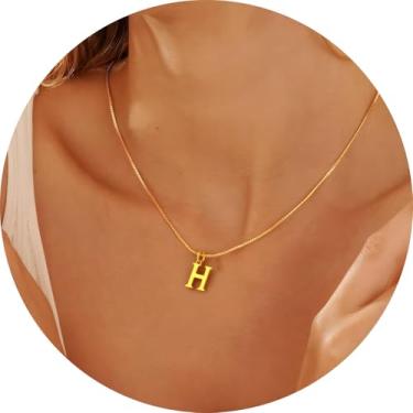 Imagem de Colar com inicial para mulheres, pingente de letra de aço inoxidável banhado a ouro 18K, bloco de A a Z, joia personalizada do alfabeto, 18+2in, Aço inoxidável, Sem Pedra Preciosa