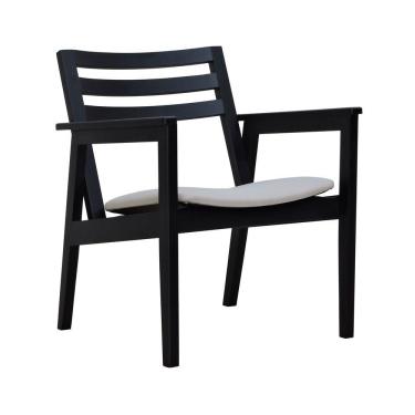 Imagem de Poltrona Cairo Madeira Maciça Encosto Ripado Assento Anatômico - Preto Estofado Linho Bege