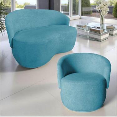Imagem de Kit Namoradeira + Poltrona Decorativa Beatriz Orgânica Suede Azul Turq