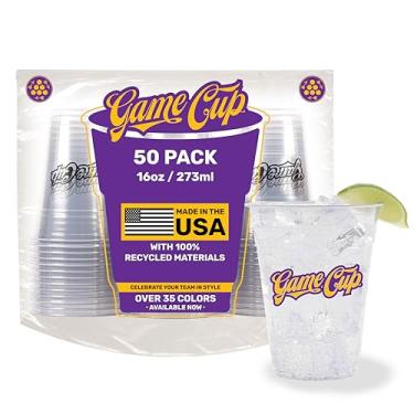 Imagem de Game Cup Copos de plástico transparente de 473 ml (pacote com 50) feitos nos EUA de plástico PET reciclado | Copos de plástico descartáveis transparentes 100% recicláveis para festas, festas ao ar