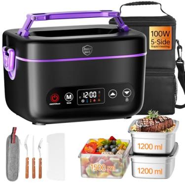 Imagem de Caixa de almoço aquecida elétrica sem fio, 2025 atualizado 5D surround Heat Tech 6x4000mAh bateria alimentada com saco duplo isolado, aquecimento automático de 100W 220 ° F Max