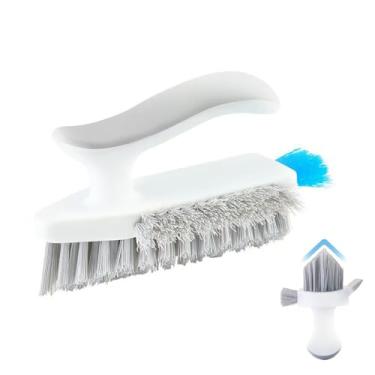 Imagem de Escova de limpeza de argamassa 4 em 1 com rodo, escova de argamassa rígida em forma de V para pisos de azulejo, esfregão de argamassa portátil para rodapé, banheiro, chuveiro, canto, branco