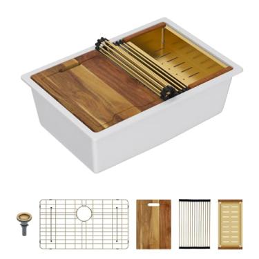 Imagem de Lordear Lavatório de cozinha composto de granito branco de 71 cm, 71 x 48 cm, pias de quartzo branco embaixo do balcão, pia de tigela única com acessórios dourados clássicos