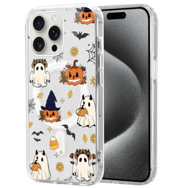 Imagem de Vulfwela Linda capa de telefone transparente de Halloween para iPhone 15 Pro Max de 6,7 polegadas, compatível com MagSafe, capa magnética estética de abóbora fantasma margarida fina TPU à prova de
