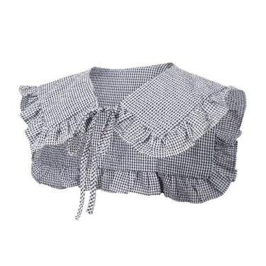 Imagem de Gola de blusa, charmoso guingão com babados, algodão xadrez, feminino 