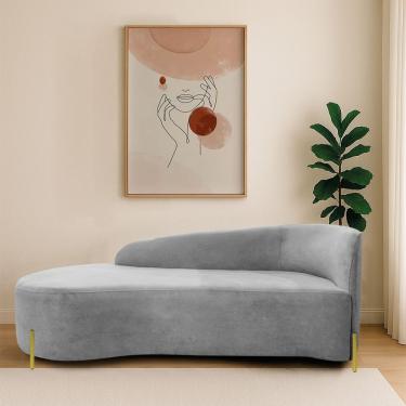 Imagem de Divã Recamier Orgânico França 140cm Lado Esq Pés Metal Dourado Linho Cinza Claro