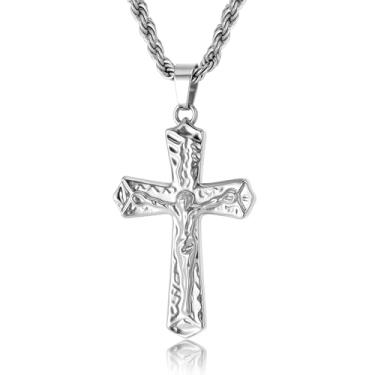 Imagem de LANCHARMED Colar de cruz para mulheres, crucifixo de aço inoxidável, colar com pingente de cruz para homens, banhado a ouro 14 K e prata esterlina com corrente de meio-fio, Aço inoxidável, Sem Pedra