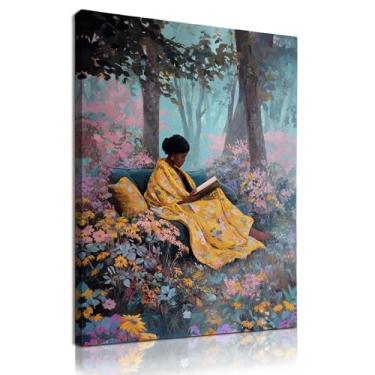Imagem de KU-DaYi Vintage Black Women Reading Wall Art Decor, African American Woman Bookish Canvas Prints Pictures Framed, Book Lover Gifts Wall Art Prints for Home Bedroom Reading Room, 28 x 35 cm