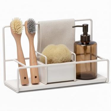 Imagem de LIBKEN Suporte de esponja de cozinha com pedra de secagem – Suporte de pia de metal revestido a pó cinza quente – Suporte de esponja de design escandinavo minimalista para organização de pia de