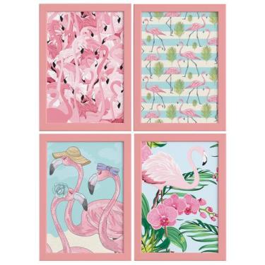 Imagem de Kit Quadros Flamingos Tropicais Moldura Rosa 4un 22x32cm - Quartinhos