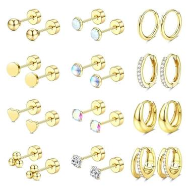 Imagem de Bolinteri Brincos femininos hipoalergênicos de aço cirúrgico de aço cirúrgico para orelhas sensíveis, 20 g de aço inoxidável, conjunto de brincos pequenos de cartilagem e argola plana para várias