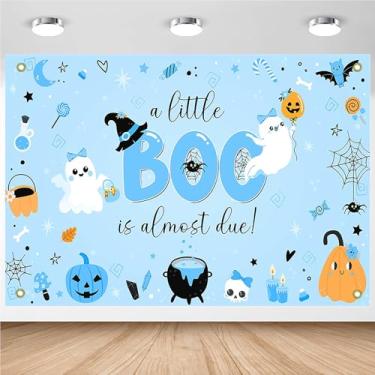 Imagem de Avezano Pano de fundo de chá de bebê Halloween A Little Boo is Almost Due Baby Shower Decorações de festa abóbora fantasma morcego Halloween Boo Faixa de festa de bebê recém-nascido (azul, 3 x 2 m)