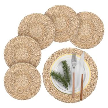 Imagem de Falzqq Jogo americano redondo de tecido, conjunto de 6, tapetes de mesa de vime de 30 cm Boho Rattan antiderrapante resistente a água natural jacinto de água para restaurante, casa, casamento (cor