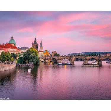Imagem de WUIVCTR Pintura digital faça você mesmo clássico panorama de Praga Old Town Bridge Tower Charles Bridge Vltava kits de pintura por números desenho em tela sem moldura adultos arte de parede para