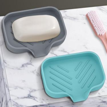 Imagem de Generic Pacote com 2 saboneteiras de silicone premium, retangulares e ovais, azul-petróleo e cinza, fácil de limpar, bandeja/suporte de sabão autodrenante de silicone macio para chuveiro, banheiro