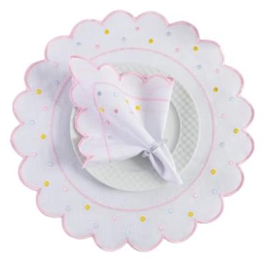 Imagem de Kit Mesa Posta Jogo Americano Bordado com Guardanapo, 12 Peças 6 Lugares, Poá em Oxford Engomado, Sousplat, 50x35cm (Rosa)