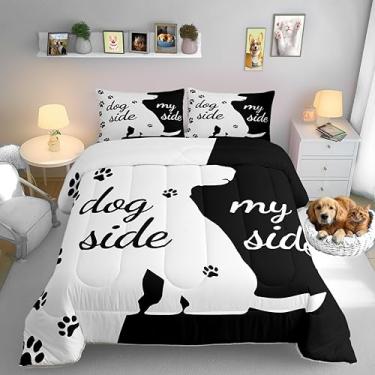 Imagem de Conjunto de edredom casal com estampa de pata de cachorro, estilo morden, edredom rústico, com tema rústico, 3 peças, preto e branco, conjunto de cama para meninas e adolescentes