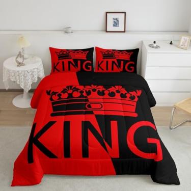 Imagem de ArtfulHome Conjunto de edredom King Crown Queen vintage vermelho e preto | Presentes românticos de dia dos namorados para ele, I Love You, presentes para ela, presentes de casal para ele e ela