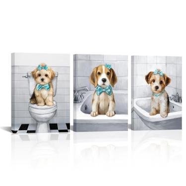 Imagem de sechars Arte de parede de cães de casa de banho, gravata-borboleta, pintura em tela, animais engraçados, decoração de casa de banho, 30,5 x 40,6 cm x 7,5