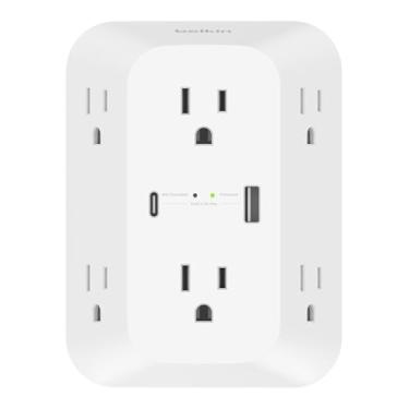 Imagem de Belkin Filtro de linha com 6 tomadas, lista UL, montável na parede com 6 saídas CA, proteção contra sobretensão, indicador LED - portas USB-C e USB-A com carregamento rápido USB-C PD - 1.680 joules de