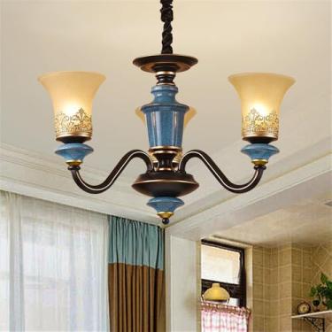 Imagem de Lustre de luxo europeu para sala de estar, estilo retrô americano, em cerâmica, para restaurante, quarto, escritório, hotel, casa de campo ou café, com luminária pendente de LED (3 lâmpadas