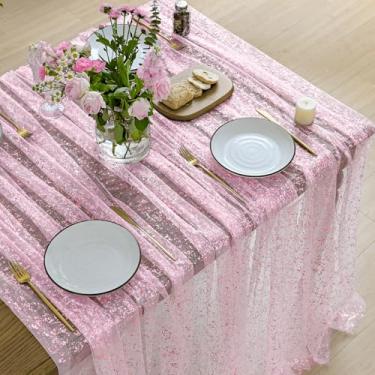 Imagem de Horaldaily Toalha de mesa de gaze rosa dourada quadrada 152 x 152 cm, folha metálica com glitter de lantejoulas rosa, gaze de tule transparente para casamento, chá de bebê, cerimônia de aniversário