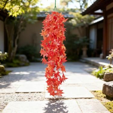 Imagem de 1,1 m de folhas artificiais para pendurar na parede, planta verde, hera, jardim, sala de estar, decoração de parede (folha de bordo vermelha)