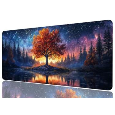 Imagem de Tapete de mesa de paisagem de fantasia para jogos grande mouse pad teclado espaço folhas vibrantes céu estrelado tapetes de mesa teclado de computador tapete de mouse tapete para laptop escritório