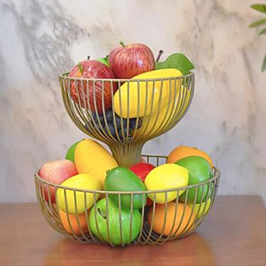 Imagem de Cesta de frutas de 2 camadas arte em ferro bandeja de frutas antiferrugem suporte de prato de doces balcão decorativo tigela suporte para armazenar e organizar legumes, lanches, champanhe, pequeno