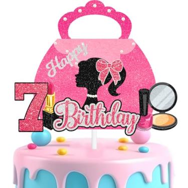 Imagem de Bolsa de maquiagem top de bolo de salto alto feliz aniversário de 7 anos, batom, sombra para os olhos, decoração de pincel de maquiagem, festa de aniversário de menina, suprimentos de decoração de