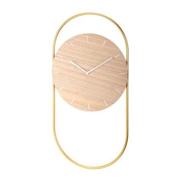 Imagem de Relógio de Parede Quartz de MDF Madeira Clara Natural com Aro Dourado - 30cm de Diâmetro, Estrutura Dourada 30x60cm