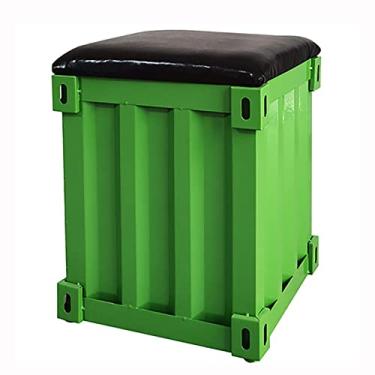 Imagem de Cubo de armazenamento industrial, descanso para os pés de ferro fundido com assento de couro, baú de armazenamento, pequeno com armazenamento para quarto, sala de estar - verde 46 x 36 x 36 cm (18 x