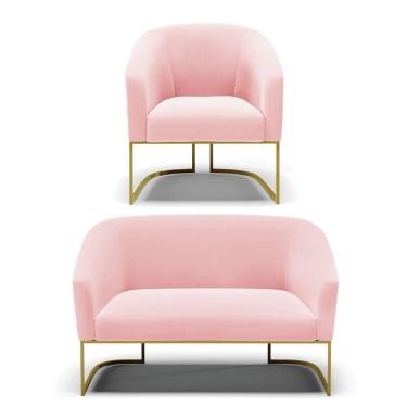 Imagem de Namoradeira E Poltrona Base Industrial Dourado Stella Suede D03 - D'rossi Cor Rosa Bebê