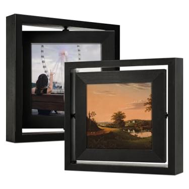 Imagem de Gdfmsc Moldura giratória de 10 x 10 cm, pacote com 2, tela de visualização frente e verso, vidro real, de madeira de pinho, moldura de mesa independente vertical ou horizontal, preta
