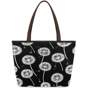 Imagem de Sacola grande feminina com estampa de dente-de-leão de flor preta com zíper, reutilizável, bolsa de mão de mercearia, casual, para viagem, trabalho, férias, praia, compras, academia, presentes