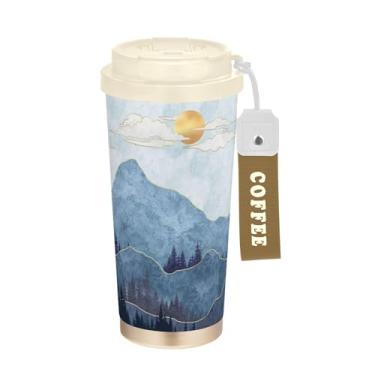 Imagem de SEHANY Caneca de viagem com paisagem de montanha em aquarela de 482 g, copos de café reutilizáveis revestidos de cerâmica com tampa à prova de vazamento, parede dupla, isolamento a vácuo, copo de café