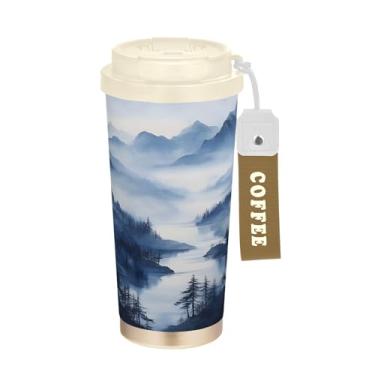 Imagem de SEHANY Caneca de viagem com paisagem de montanha em aquarela de 482 g, copos de café reutilizáveis revestidos de cerâmica com tampa à prova de vazamento, parede dupla, isolamento a vácuo, copo de café