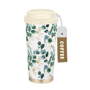 Imagem de SEHANY Caneca de viagem Green Leaves de 482 ml Copos de café reutilizáveis revestidos de cerâmica com tampa à prova de vazamento, parede dupla, isolamento a vácuo, copo de café de aço inoxidável para