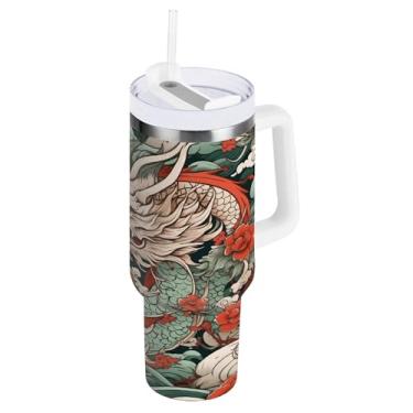 Imagem de xigua Copo vintage com estampa de dragão 1,134 g com tampa e canudo, aço inoxidável de vácuo duplo isolado garrafa de água esportiva suporte para copo de café de viagem à prova de vazamento para