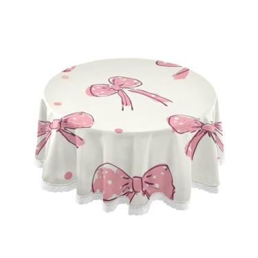 Imagem de SEHANY Toalha de mesa redonda com laço rosa de 152 cm, tecido lavável sem rugas, toalha de mesa decorativa de renda para restaurante, casamento, acampamento, festa de cinco de maio