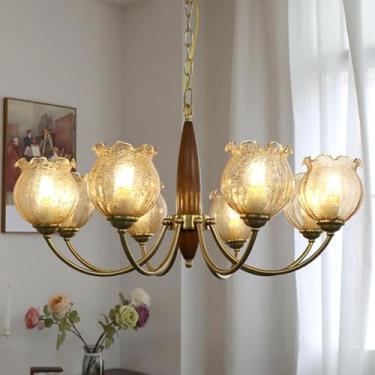 Imagem de Luminária pendente vintage de cobre com flores e vidro para sala de estar e quarto, estilo rústico japonês-americano retrô, em madeira maciça, para sala de jantar (8 lâmpadas)