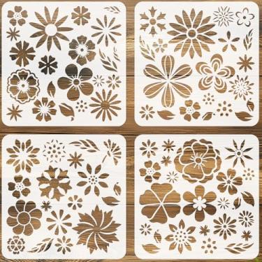 Imagem de beinkmake 4 peças de estêncil de flores silvestres para pintura, modelo de arte DIY para cerca de desenho floral, artesanato, estêncil reutilizável para móveis de madeira e jardim