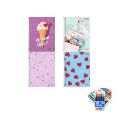 Imagem de Kit Caderno Universitário Vibe Feminino Tilibra 80F + Caneta Trigel Metálica 10 Cores + Marca Texto Lumini Gel Pastel 06 Cores