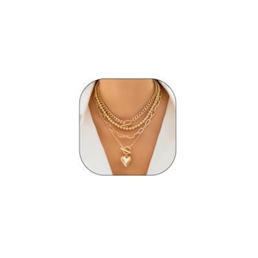 Imagem de Rrdaily Conjunto de colares de gargantilha em camadas douradas e prateadas para mulheres adolescentes, pingente de coração com fivela empilhável, corrente de contas douradas, presentes punk modernos